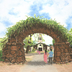 two people walking under arch topped with vines with church in background