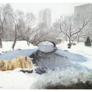 park with snow-covered ground in foreground, pond and bridge behind it and tall buildings in distance groind