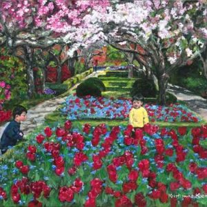 two small boys in rose garden