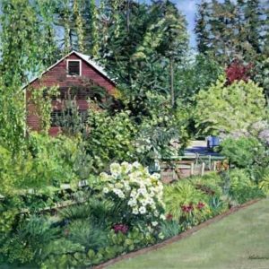 Barn situated among trees and flowers