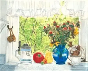 still life of flowers fruit and cups on windowsill