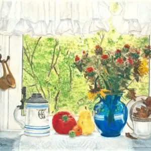 still life of flowers fruit and cups on windowsill