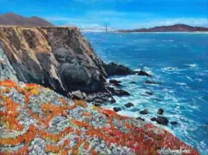 Flowers and cliffs along California Coast with San Francisco Bay and Golden Gate Bridge in background