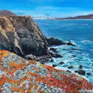 Flowers and cliffs along California Coast with San Francisco Bay and Golden Gate Bridge in background