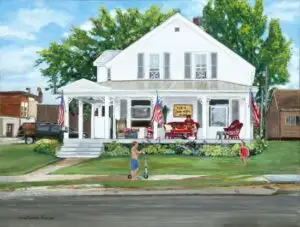 Children playing in front yard of white house with front porch