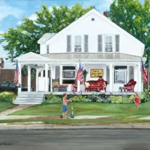 Children playing in front yard of white house with front porch