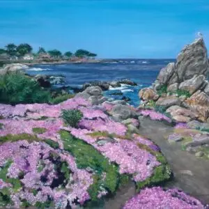 Rocky shoreline with purple flowers in foreground