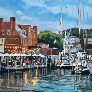 Painting of Bowen's Wharf in Newport at sunset with boats and people in outdoor restaurant