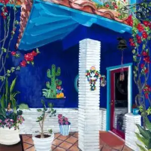 Porch with blue walls, flower pots, orange tile roof and cactus painting