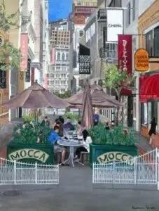 City scene with people sitting at outdoor restaurant in alley