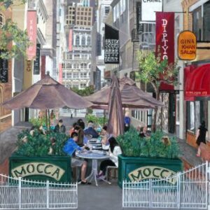 City scene with people sitting at outdoor restaurant in alley